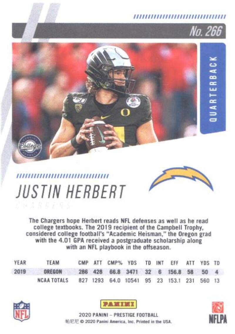 2020 Panini Prestige #266 Justin Herbert Los Angeles Chargers NFL Football Card (RC - Rookie Card) NM-MT