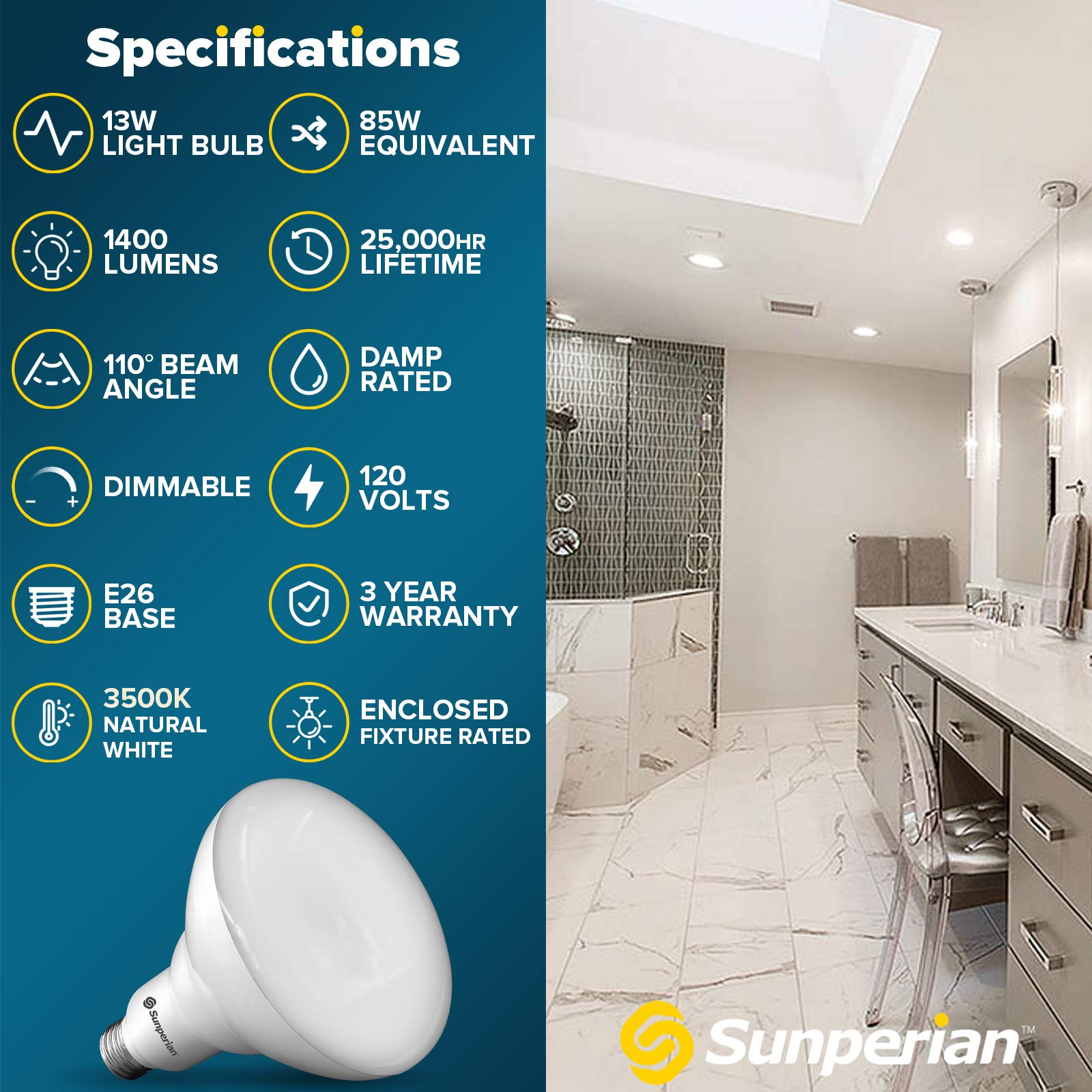 SUNPERIAN BR40 LED Light Bulbs, 13W=85W, 3500K Natural White, 1400 Lumens, Dimmable Flood Light Bulbs for Recessed Cans, Enclosed Fixture Rated, Damp Rated, UL Listed, E26 Standard Base (4 Pack)