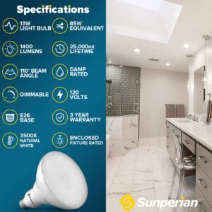 SUNPERIAN 6 Pack BR40 LED Light Bulbs, 13W=85W, 3500K Natural White, 1400 Lumens, Dimmable Flood Light Bulbs for Recessed Cans, Enclosed Fixture Rated, Damp Rated, UL Listed, E26 Standard Base