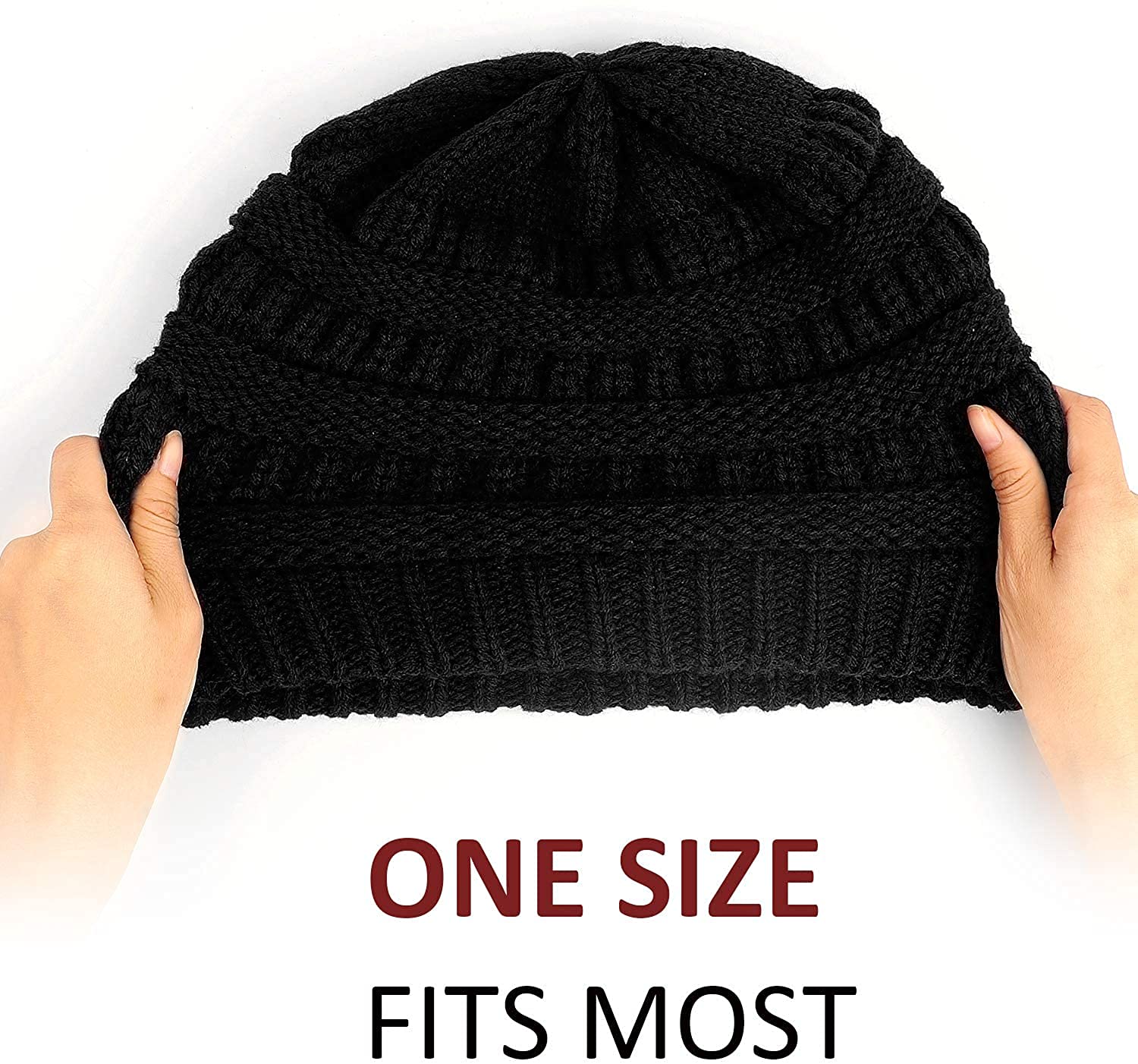 Roniky Winter Knit Beanie Hats for Women, Silk Satin Lined Chunky Cap Soft Stretch Cable Knit Warm Slouchy Beanie Hat Black