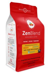 brain bean zen-blend coffee | with caprylic acid mct (c-8), a-gpc, l-theanine, and ashwagandha extract | organic whole bean medium roast 16 oz