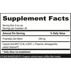 Brain Bean Zen-Blend Coffee | With Caprylic Acid MCT (C-8), A-GPC, L-Theanine, and Ashwagandha extract | Organic Whole Bean Medium Roast 16 Oz