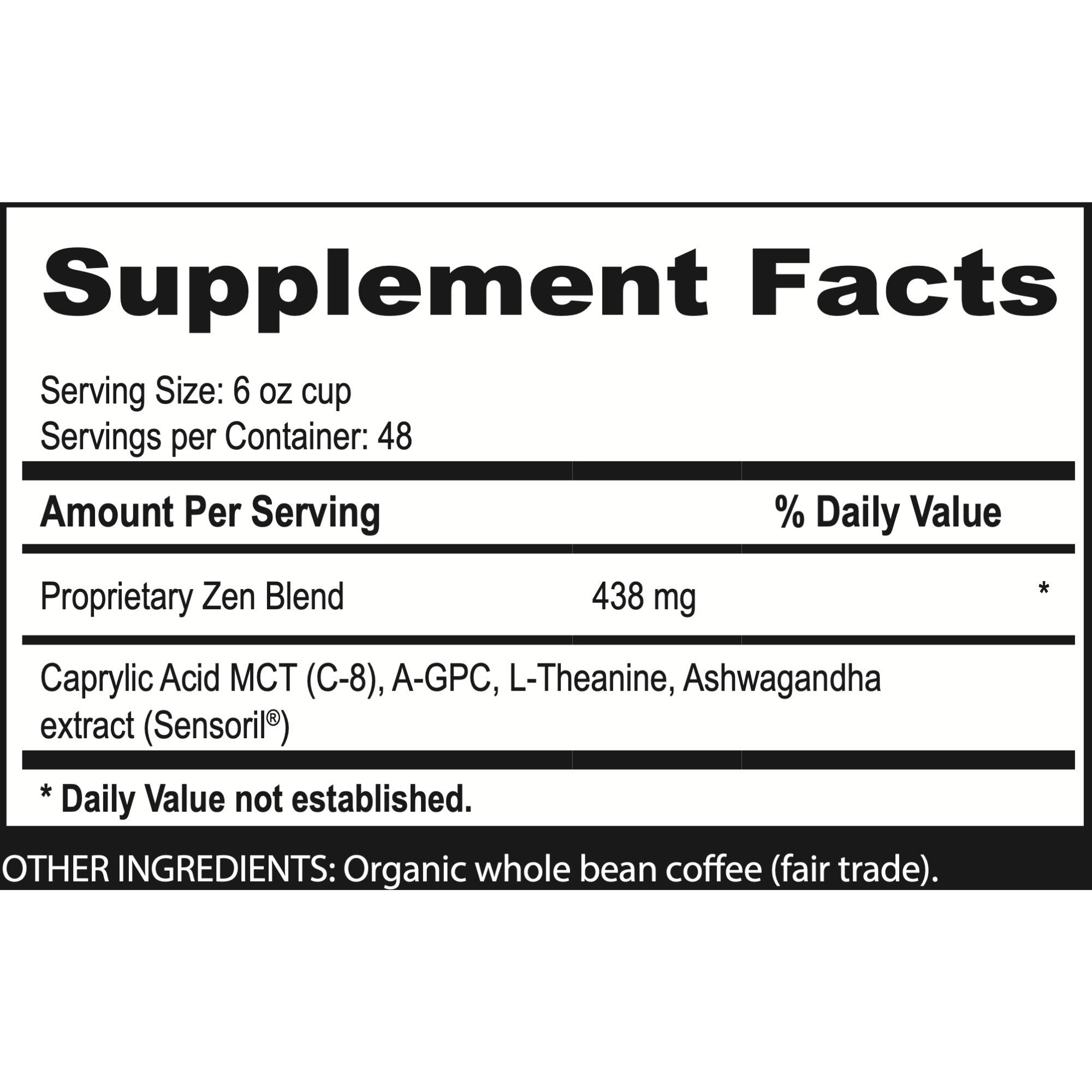 Brain Bean Zen-Blend Coffee | With Caprylic Acid MCT (C-8), A-GPC, L-Theanine, and Ashwagandha extract | Organic Whole Bean Medium Roast 16 Oz