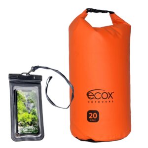 ecox outdoors waterproof dry bag for outdoors activities high grade 500d pvc construction includes waterproof phone case and side strap for easy carry 20l orange db20lor