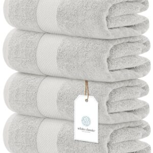 White Classic Luxury Bath Towels Large - Cotton Hotel spa Bathroom Towel |30x56 | 4 Pack | Silver