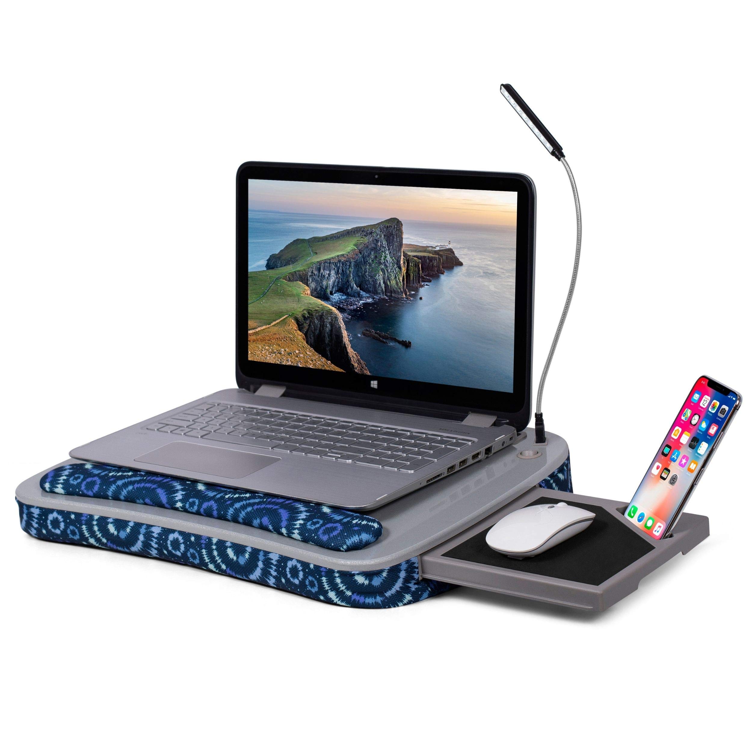 BIRDROCK HOME Deluxe Lap Desk with Pillow Cushion and Wrist Rest | USB Light and Mouse Pad | Fits Laptops Up to 15" | Tablets Up to 9.6" | Blue Tiedye Sunburst Pattern | Laptop Stand Accessories