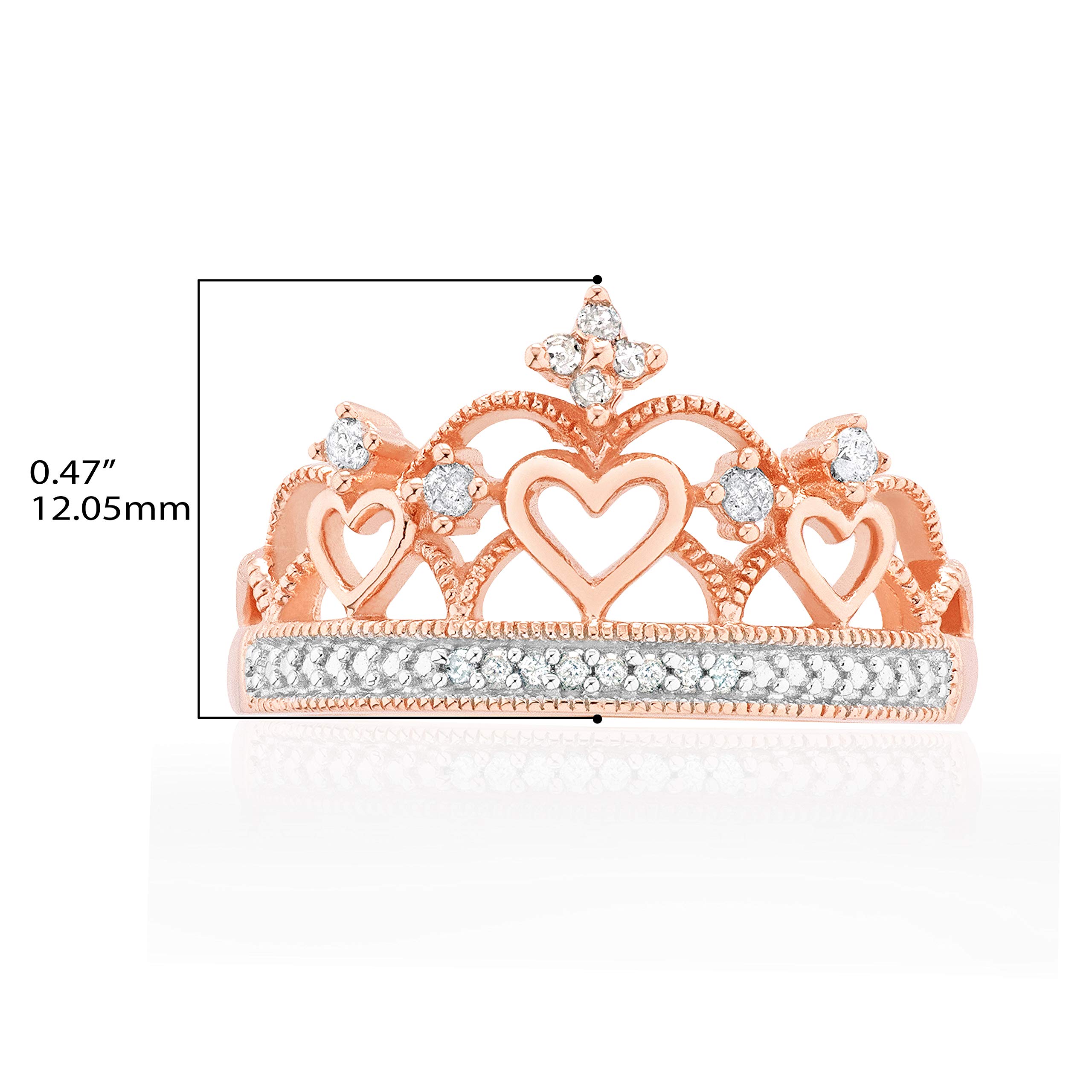 14K Rose Gold Plated .925 Sterling Silver 1/10 Cttw Diamond Heart Crown Ring (I-J Color, I2-I3 Clarity) - Size 7