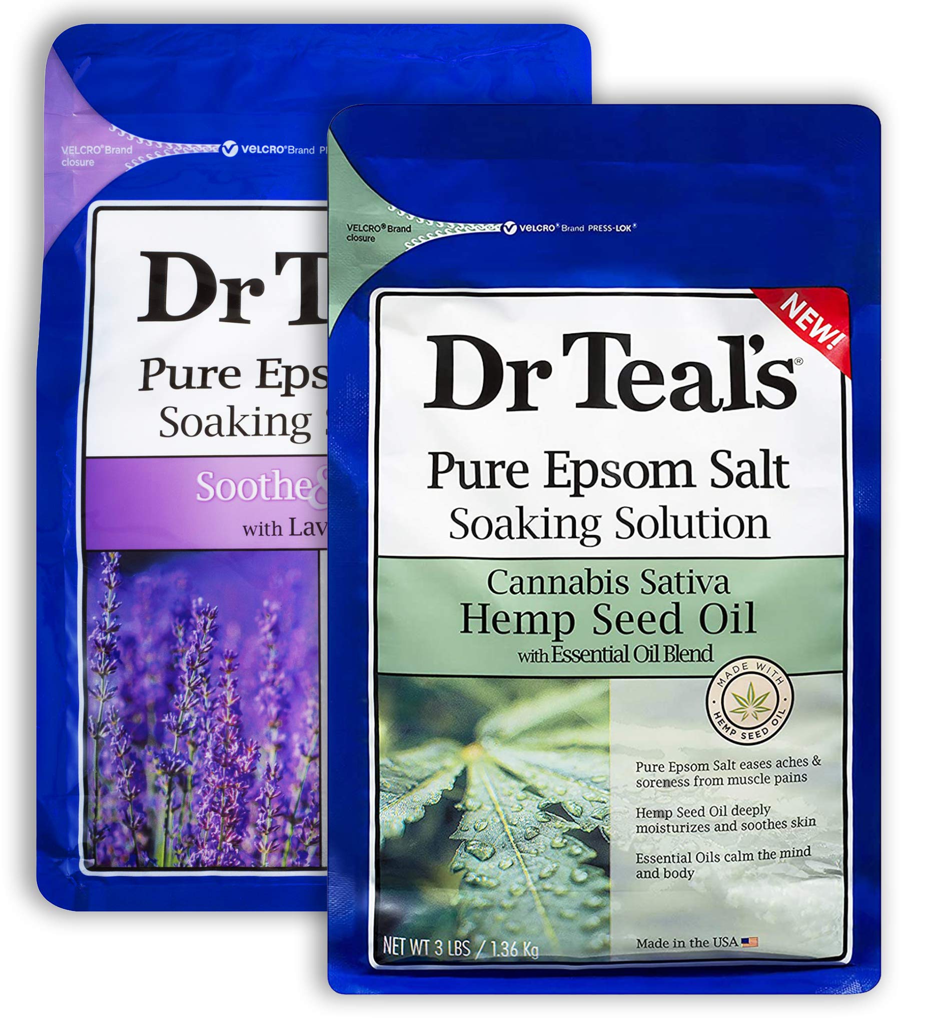 Dr Teal's Pure Epsom Salt Bath Variety Gift Set (2 Pack, 3lbs Ea.) - Soothe & Sleep Lavender & Hemp Seed Oil Soaking Solutions - Essential Oils Ease Pain & Help with Sleep