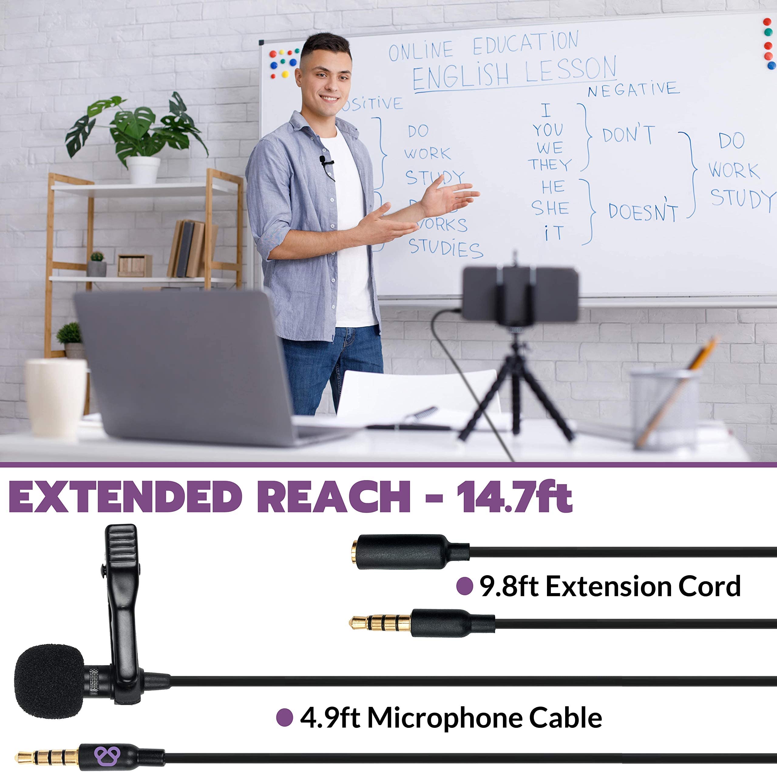 Purple Panda Smartphone Lavalier Lapel Microphone with 3.5mm Plug - Omnidirectional Condenser Clip On Lav Mic Kit - Compatible with iPhone, Android, Samsung, iPad, Tablets - Skype/Zoom, Video Calls