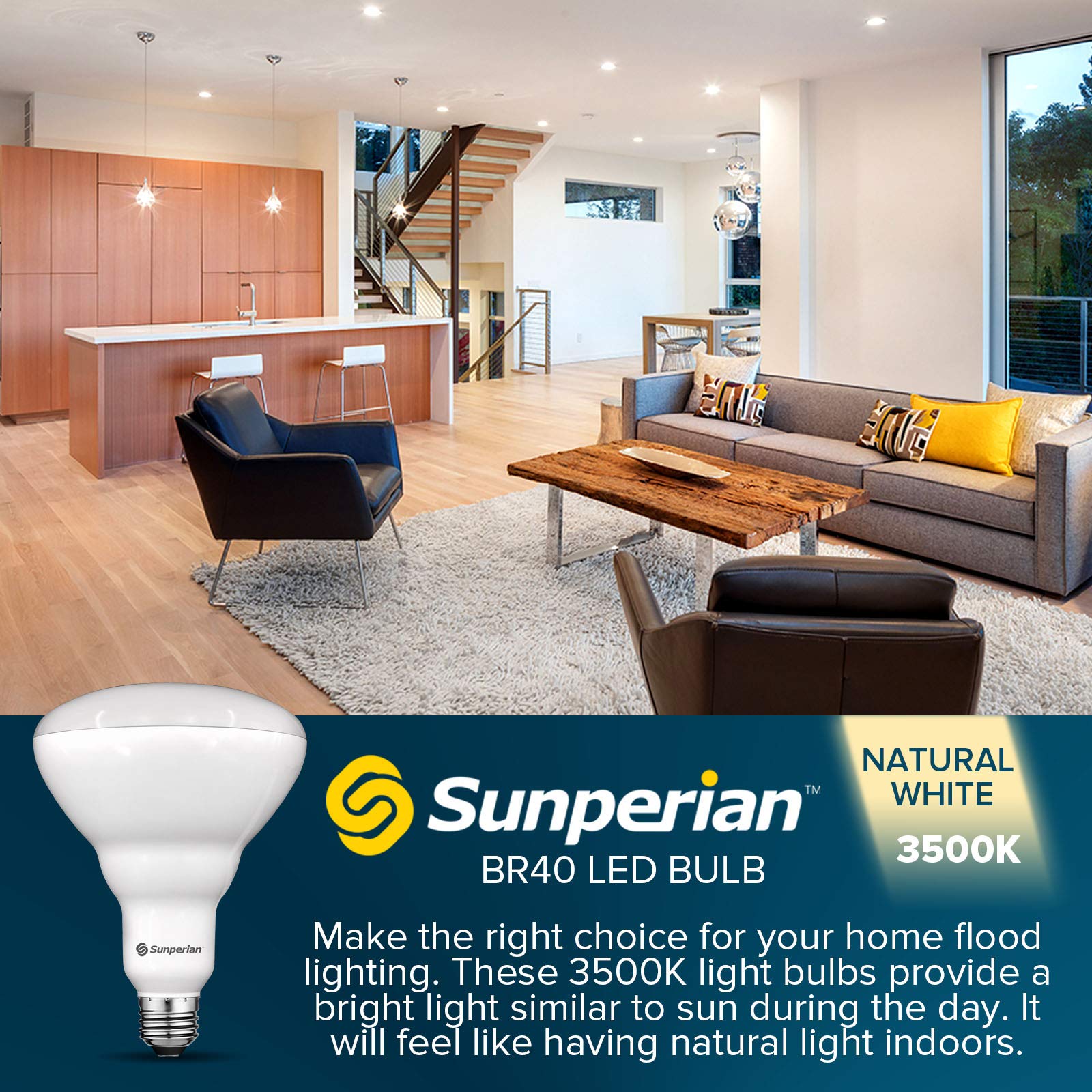 SUNPERIAN BR40 LED Light Bulbs, 13W=85W, 3500K Natural White, 1400 Lumens, Dimmable Flood Light Bulbs for Recessed Cans, Enclosed Fixture Rated, Damp Rated, UL Listed, E26 Standard Base (4 Pack)