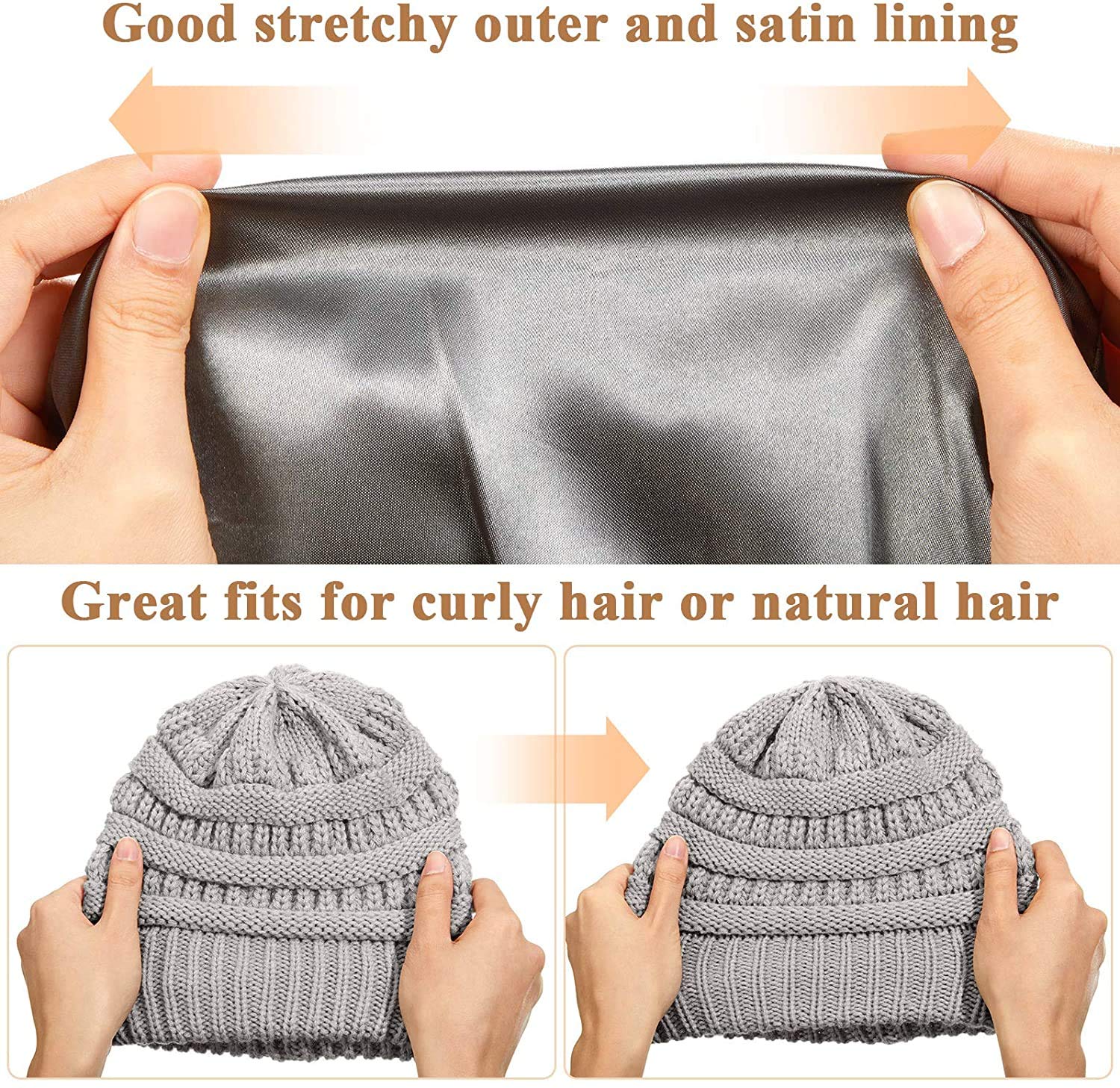 Roniky Winter Knit Beanie Hats for Women, Silk Satin Lined Chunky Cap Soft Stretch Cable Knit Warm Slouchy Beanie Hat Black