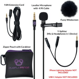 Purple Panda Smartphone Lavalier Lapel Microphone with 3.5mm Plug - Omnidirectional Condenser Clip On Lav Mic Kit - Compatible with iPhone, Android, Samsung, iPad, Tablets - Skype/Zoom, Video Calls