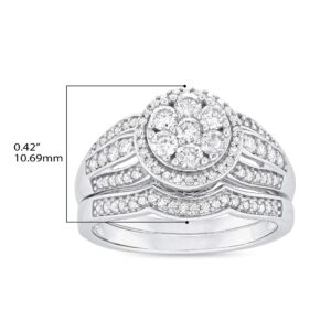 10K White Gold 3/4 Cttw Diamond Cluster Halo 3 Row Split Shank Engagement Ring & Wedding Band Bridal Set (H-I Color, I1-I2 Clarity) - Size 8