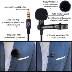 Purple Panda Smartphone Lavalier Lapel Microphone with 3.5mm Plug - Omnidirectional Condenser Clip On Lav Mic Kit - Compatible with iPhone, Android, Samsung, iPad, Tablets - Skype/Zoom, Video Calls