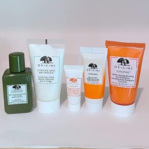 origins ginzing travel set. ginzing oil-free energy-boosting gel moisturizer 1.0oz, eye cream .17oz & ginzing serum 0.5oz, checks and balances face wash 1oz & mega mushroom toner 1oz