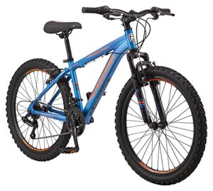 mongoose flatrock 21-speed hardtail mountain bike, 24-inch wheels, for boys girls men and women, front suspension, 14.5-inch lightweight aluminum frame, blue