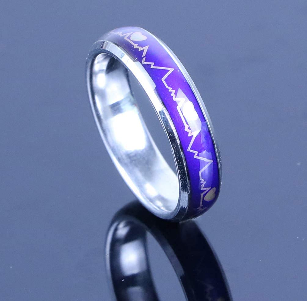 2 Pcs 6MM Comfort Fit Stainless-Steel Color Changing Heart Mood Ring Wedding Band Anniversary Promise