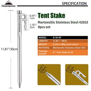 CAMPINGMOON 11.81-inch 8pcs Martensitic Stainless Steel 420J2 Hardened Forged Tent Stake Power Peg Ideal for Hard Ground R-30-8P