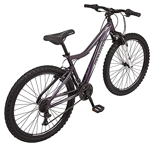 Mongoose Flatrock 21-Speed Hardtail Mountain Bike, 26-Inch Wheels, for Men and Women, Front Suspension, 16-Inch Lightweight Aluminum Frame, Purple