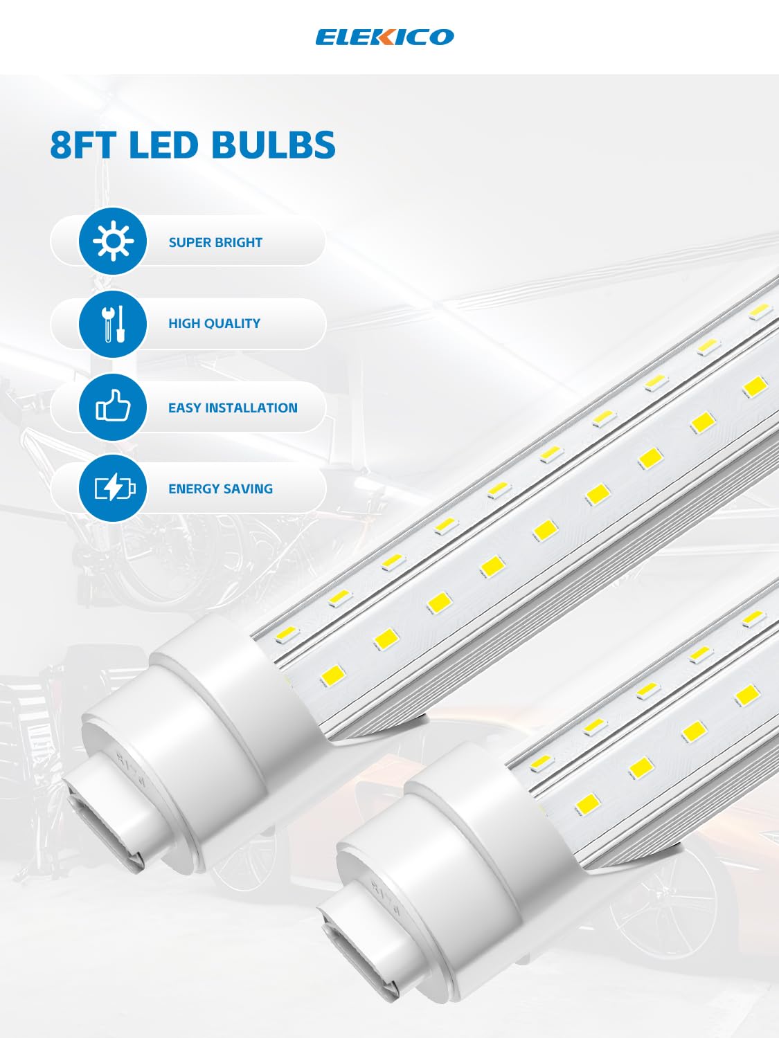 ELEKICO 8FT LED Bulb, 8FT Led Shop Light R17D V Shaped, 8 Foot LED Bulbs 6000K 75W 9500LM, 8 Foot Shop Light, T8/T10/T12 Led Tube Light Replacement, Dual-End Powered Ballast Bypass, Pack of 12