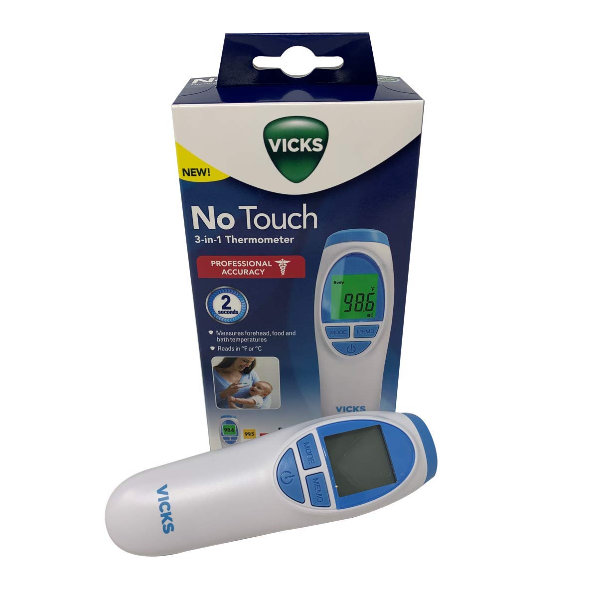 Vicks No Touch 3-in-1 Thermometer,Measures Forehead,Food and Bath temperatures