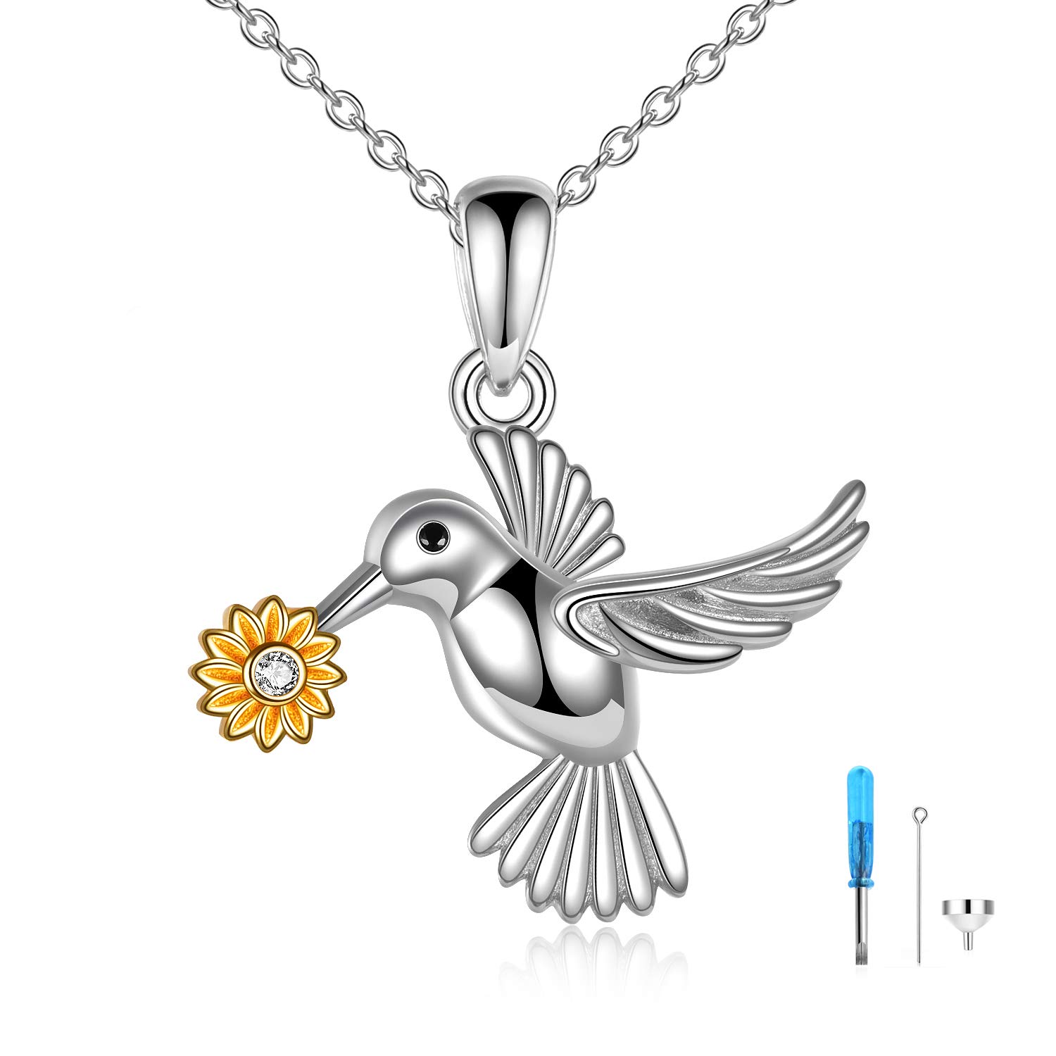 ONEFINITY Cremation Jewelry for Ashes Sterling Silver Sunflower Hummingbird Memorial Urn Necklace for Ashes Hummingbird Pendant Keepsake Memory Necklace Gifts for Women