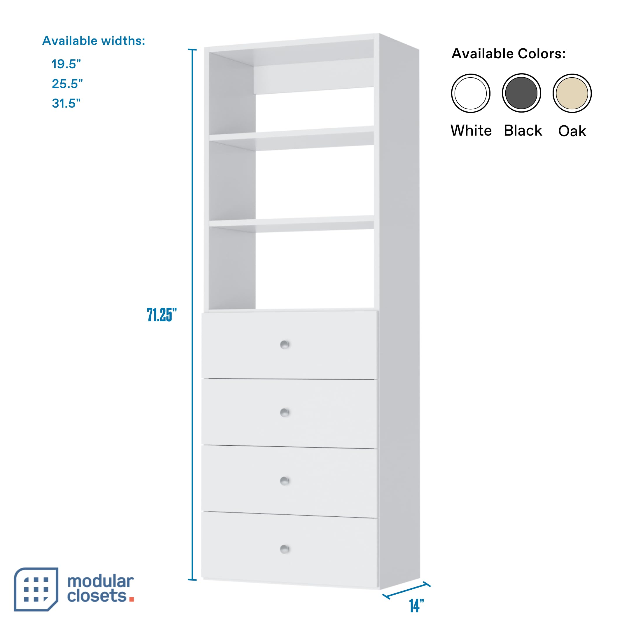 Closet Shelves Tower - Modular Closet System With Drawers (4) - Corner Closet System - Closet Organizers And Storage Shelves (White, 31.5 inches Wide) Closet Shelving