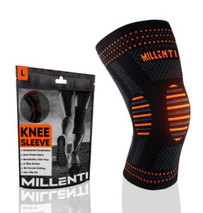 millenti knee compression sleeve brace - for knee pain running, arthritis, acl, basketball, football, gym, crossfit, men women sport injury recovery, (single) black orange, see chart size l, kb01log