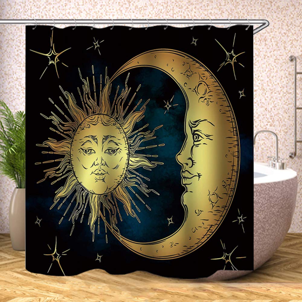 TJZ HOME Sun and Moon Shower Curtain Fabric, Boho Chic Art Golden Sun Moon and Stars Over Blue Black Sky Antique Style Polyester Cloth Print Bathroom Curtains Include Hooks Set 72?w by 72?L (YL1412)