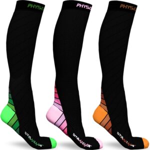 physix gear sport 3 pairs of compression socks for men & women in (black/pink + black/green + black/orange) l-xl size