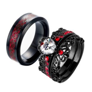 Ringcrown Couple Rings Black Plated Heart Red Cz Womens Wedding Ring Sets Crown Ring Titanium Man Wedding Bands（Please Buy 2 Rings for 1 Pair）