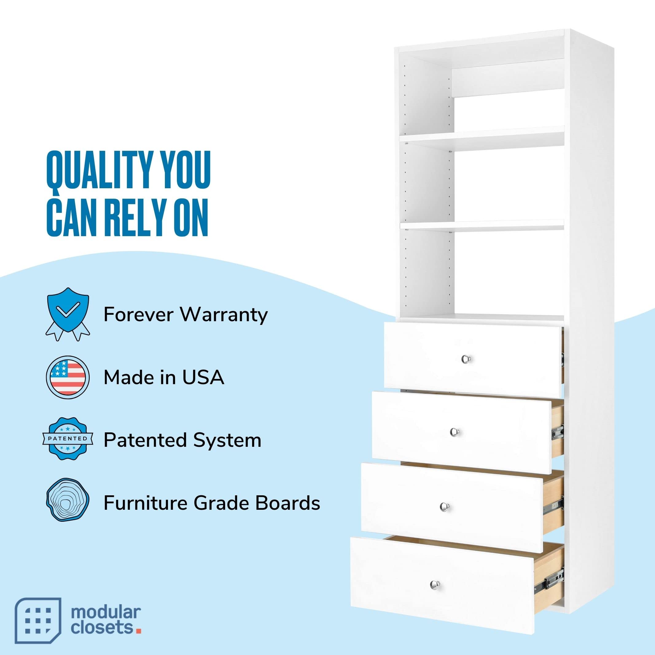 Closet Shelves Tower - Modular Closet System With Drawers (4) - Corner Closet System - Closet Organizers And Storage Shelves (White, 31.5 inches Wide) Closet Shelving