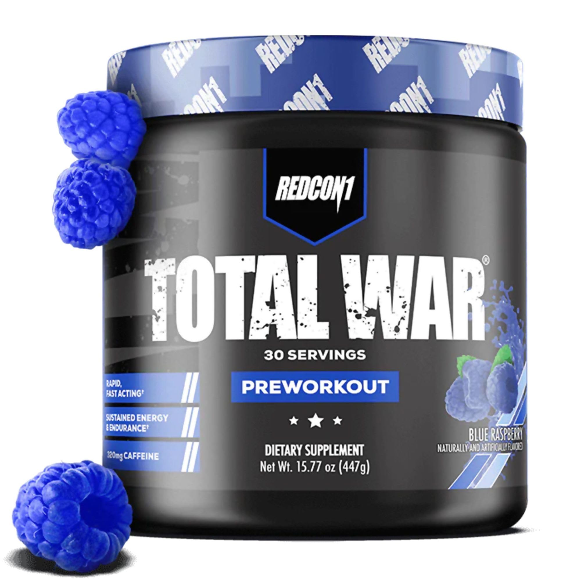 REDCON1 Total War Pre Workout Powder, Blue Raspberry - Beta Alanine + Citrulline Malate Keto Friendly Preworkout for Men & Women with 320mg of Caffeine - Fast Acting (30 Servings)