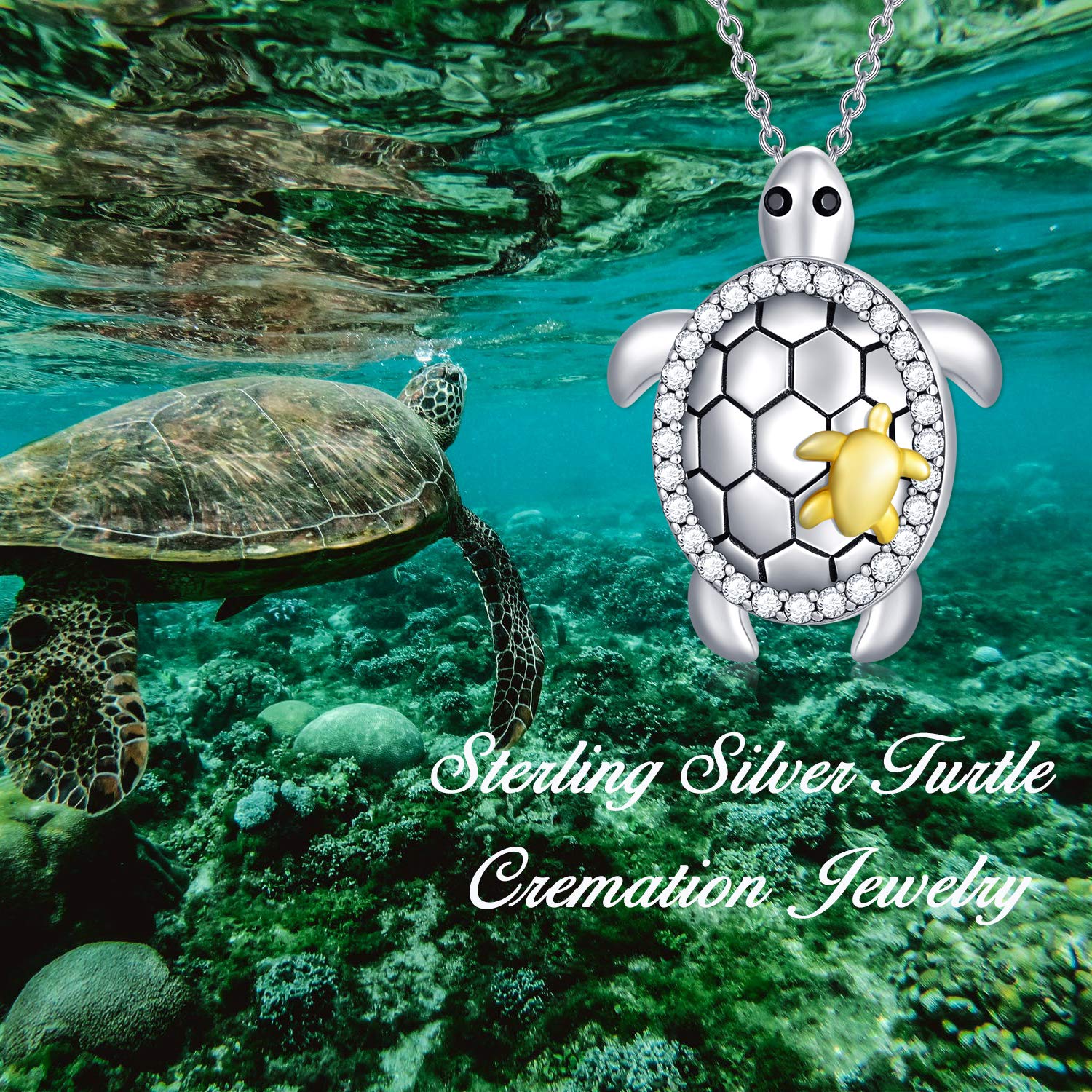 Sea Turtle Cremation Urn Necklace for Ashes Sterling Silver Keepsake Hair Memorial Pendant Locket Mother & Child Turtle Jewelry for Women Mom