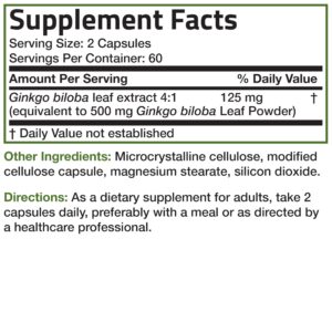 Bronson Ginkgo Biloba Extra Supports Brain Function & Memory Support, 120 Vegetarian Capsules