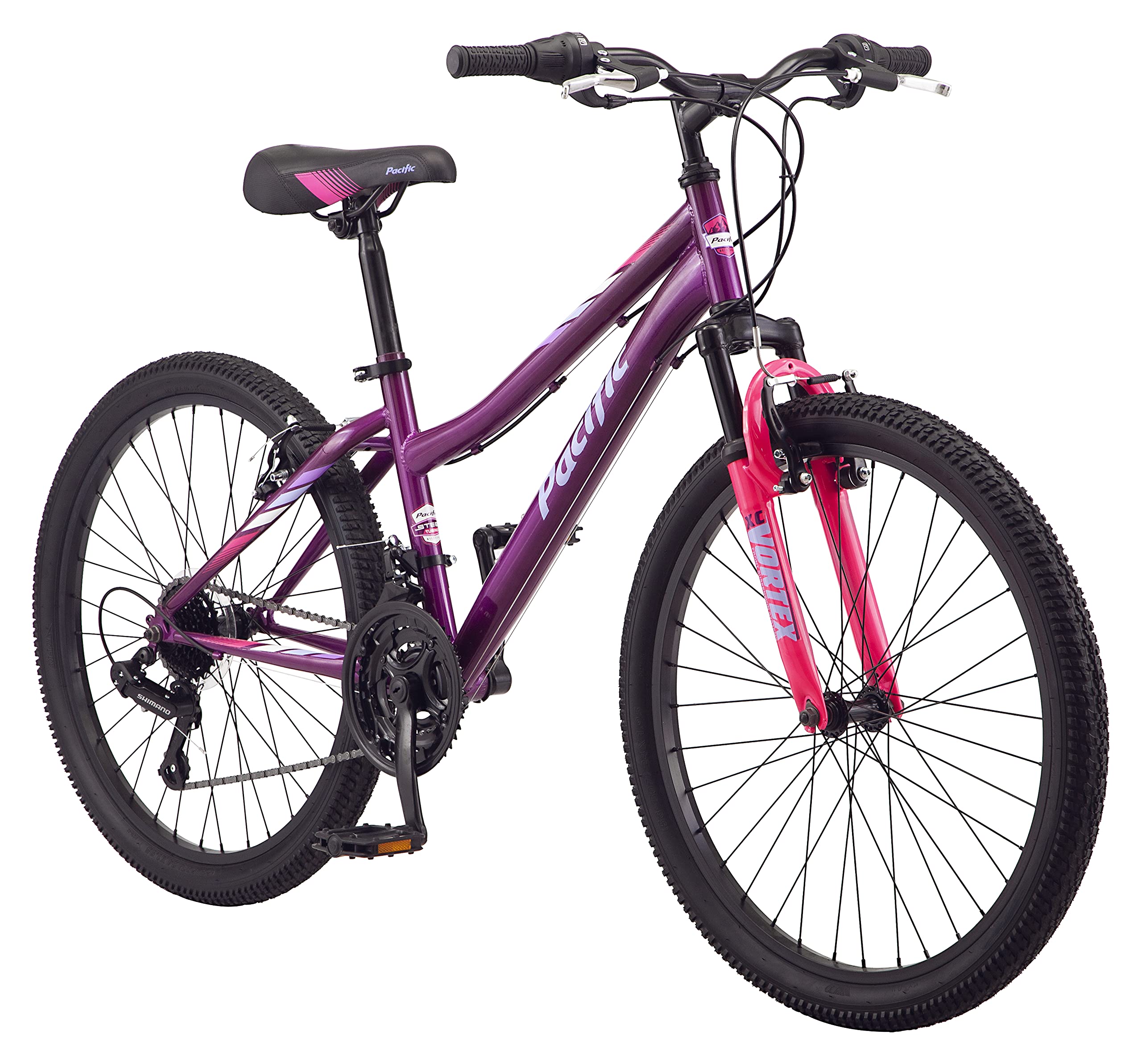 Pacific Cavern Mountain Bike for Youth, Boys and Girls, 21-Speed Twist Shifter, 24-Inch Wheels, 14-Inch Steel Frame, Front Suspension, Kickstand Included, Purple