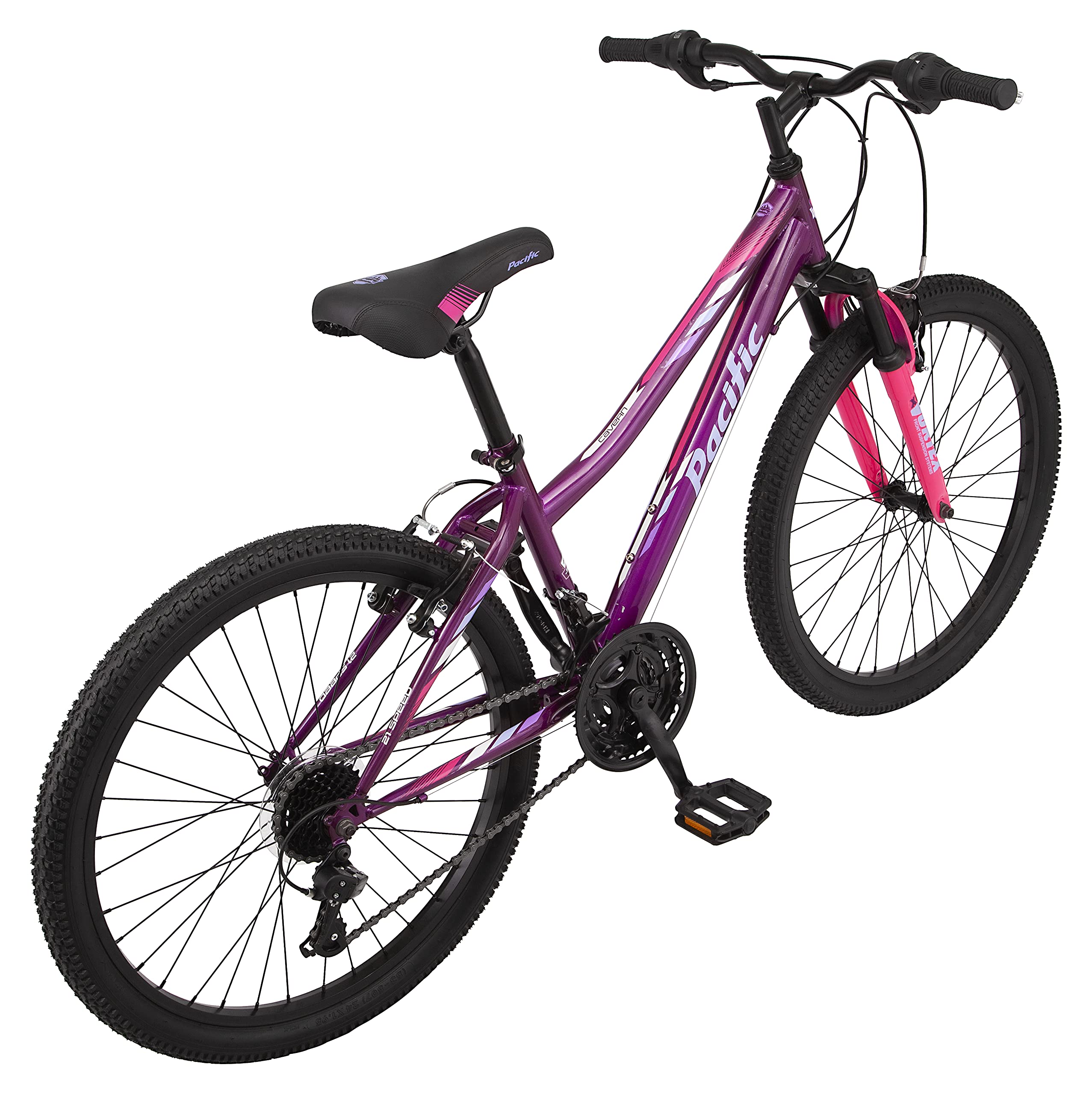 Pacific Cavern Mountain Bike for Youth, Boys and Girls, 21-Speed Twist Shifter, 24-Inch Wheels, 14-Inch Steel Frame, Front Suspension, Kickstand Included, Purple