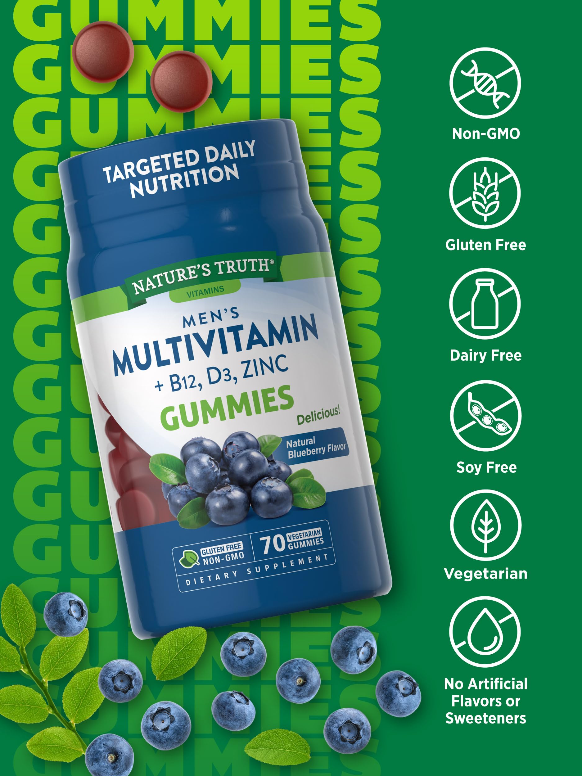 Mens Multivitamin Gummy | 70 Count | Vegetarian, Non-GMO, Gluten Free | with B12, D3, Zinc | Blueberry Flavor | by Nature's Truth