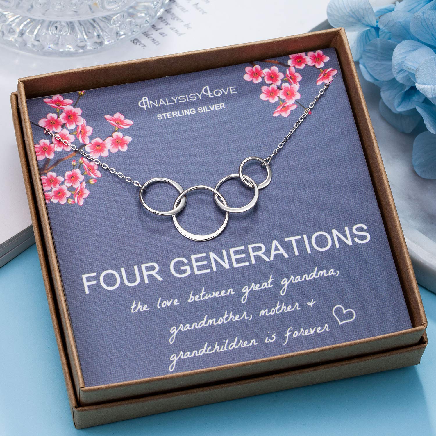 AnalysisyLove Four Generations Necklace for Great Grandma Gifts, Sterling Silver 4 Circle Infinity Necklaces for Women, Mom Gift, Mothers Day Jewelry, Grandmother Birthday Gifts from Grandchildren