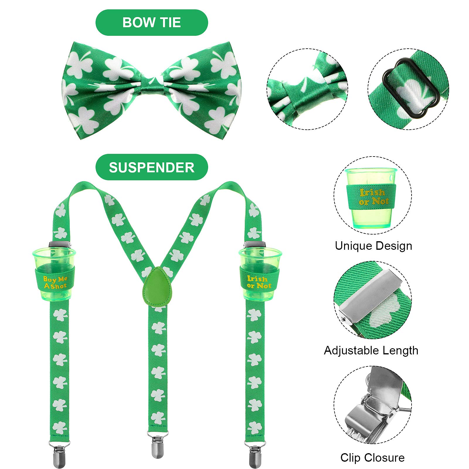 St. Patrick's Day Accessory Set, Include Shamrock Y Back Suspender with Cups, Shamrocks Bowtie and Knee Socks for St. Patrick's Day Party