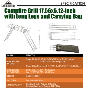 CAMPINGMOON 304 Stainless Steel over fire camp grill 17.56x5.12-inch with Removable Stand Legs and Carrying Bag MTG-TLA