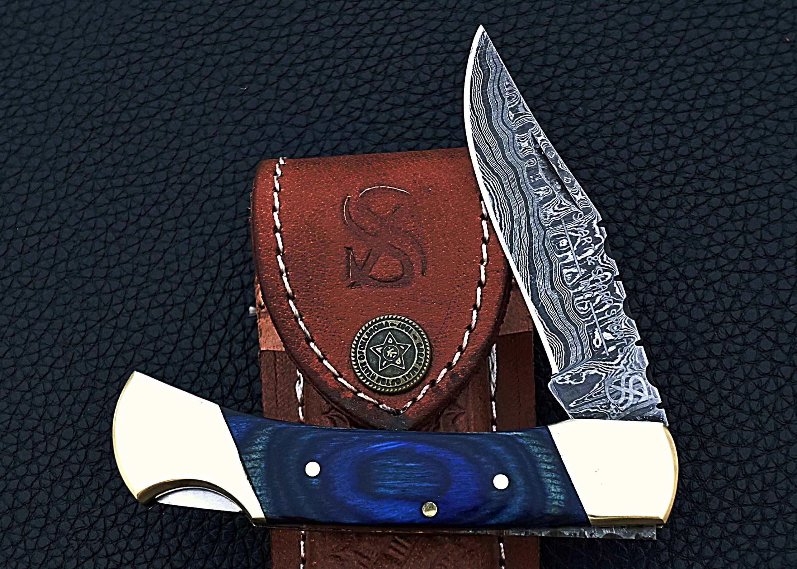 Smart & Sharp Custom Handmade Damascus Steel Folding Knife/Pocket Knife AR-17395 (Blue Colored wood) (blue)