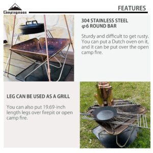 CAMPINGMOON 304 Stainless Steel over fire camp grill 17.56x5.12-inch with Removable Stand Legs and Carrying Bag MTG-TLA