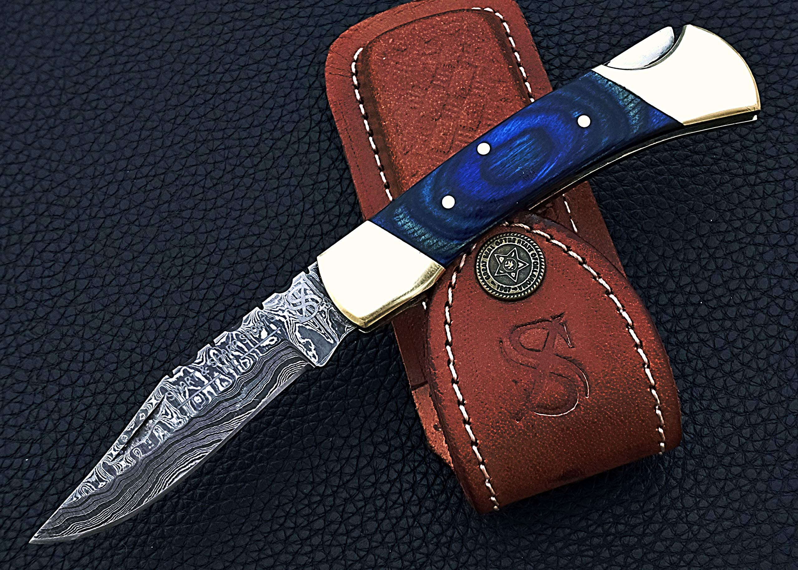 Smart & Sharp Custom Handmade Damascus Steel Folding Knife/Pocket Knife AR-17395 (Blue Colored wood) (blue)