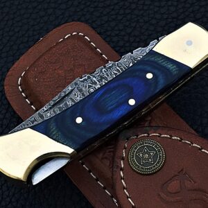 Smart & Sharp Custom Handmade Damascus Steel Folding Knife/Pocket Knife AR-17395 (Blue Colored wood) (blue)