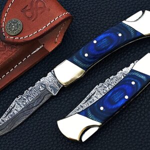 Smart & Sharp Custom Handmade Damascus Steel Folding Knife/Pocket Knife AR-17395 (Blue Colored wood) (blue)