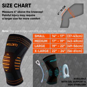 Millenti Knee Compression Sleeve Brace - For Knee Pain Running, Arthritis, ACL, Basketball, Football, Gym, Crossfit, Men Women Sport Injury Recovery, (Single) Black Orange, See Chart Size L, KB01LOG