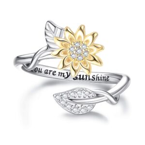 milacolato sunflower ring sterling silver you are my sunshine ring 18k gold plated adjustable sunflower band rings for women valentine's day mother's day jewelry gifts for her, size 9