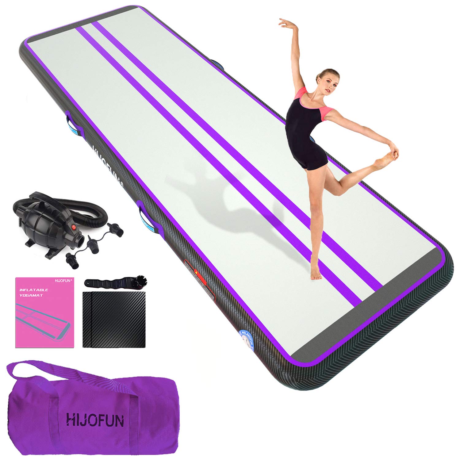 HIJOFUN Premium Air Tumble Track 10ftx3.3ftx4in Gymnastics Tumbling Training Mat Inflatable Tumble Track with 650W Electric Air Pump for Home Kids,Gym,Yoga,Training,Indoor,Outdoor, Purple Black