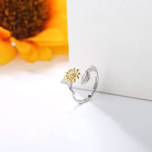 MILACOLATO Sunflower Ring Sterling Silver You are My Sunshine Ring 18K Gold Plated Adjustable Sunflower Band Rings for Women Valentine's Day Mother's Day Jewelry Gifts for Her, Size 9